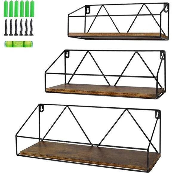 Floating Wall Shelves Set of 3, Rustic Wood Storage Shelf for Bathroom - Picture 1 of 6